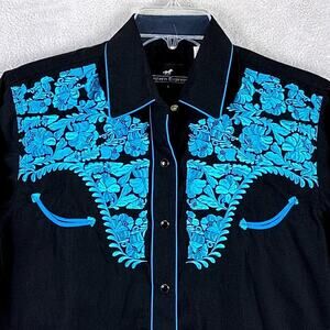 VTG Western Express Pearl Snap Western Shirt Men S Black Blue Floral Embroidered